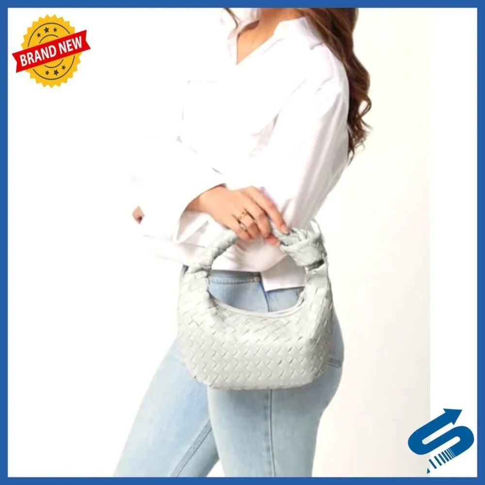 Woven Hobo Bag Vegan Leather Chic Minimalist Small Dumpling Shape Top Handle